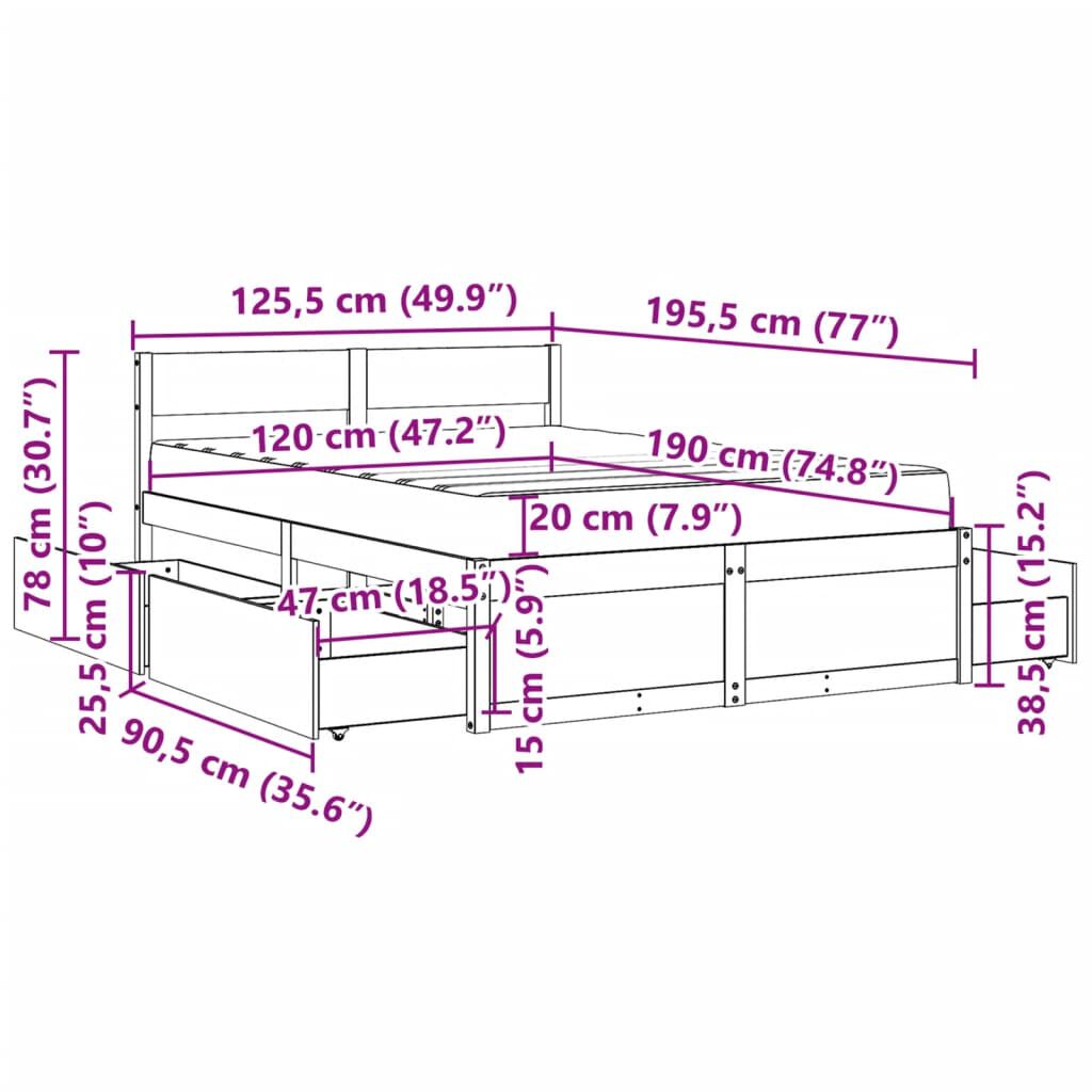 vidaXL Κρεβάτι με Συρτάρια και Στρώμα 120x190 εκ. Μασίφ Ξύλο Πεύκου