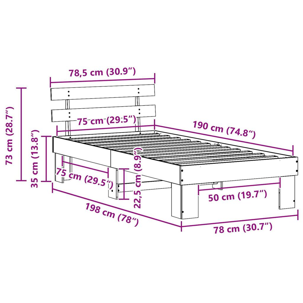 vidaXL Κρεβάτι με Κεφαλάρι Καφέ 75x190 εκ. Μασίφ ξύλο πεύκου