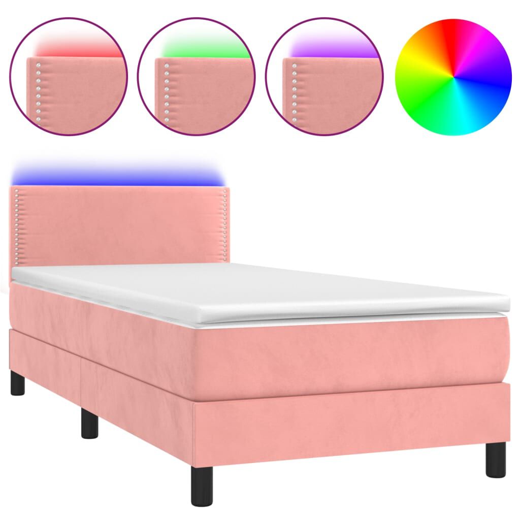 vidaXL Κρεβάτι Boxspring με Στρώμα & LED Ροζ 100x200 εκ. Βελούδινο