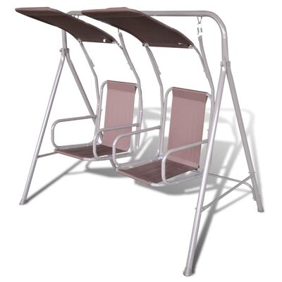 vidaXL Κούνια - Καρέκλα Διθέσια Κήπου Καφέ με 2 Σκίαστρα / 2 Καθίσματα
