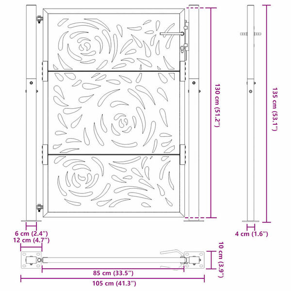 vidaXL Πύλη κήπου Μαύρη 105x130 cm Ατσάλινη φλόγα σχεδιασμού
