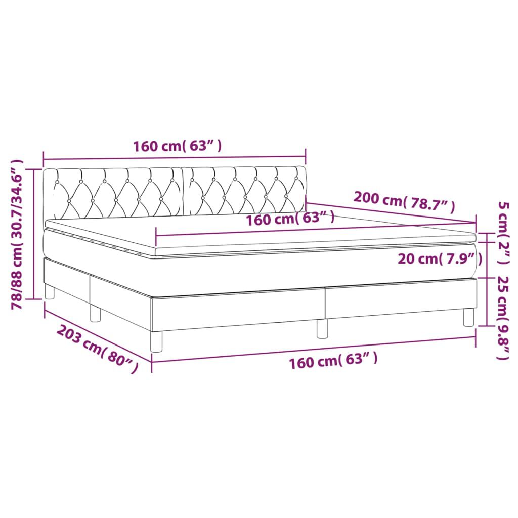 vidaXL Κρεβάτι Boxspring με Στρώμα & LED Σκ. Μπλε 160x200εκ. Βελούδινο