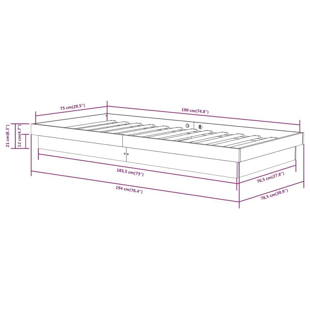 vidaXL Πλαίσιο Κρεβατιού Μελί 75x190 εκ. Ξύλο Πεύκου Small Single