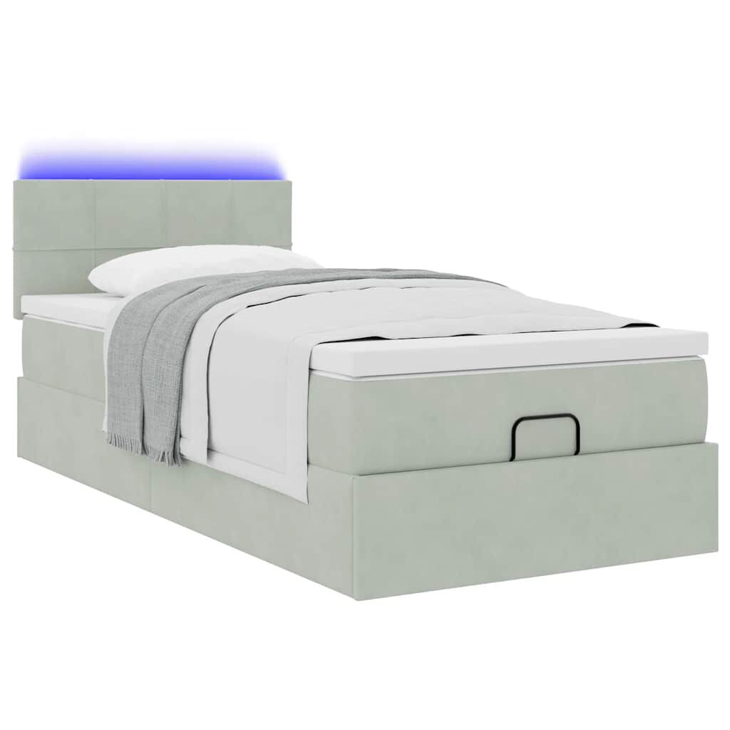 vidaXL Οθωμανικό κρεβάτι με στρώμα&LEDs Ανοιχτό γκρι 90x200cm Βελούδο
