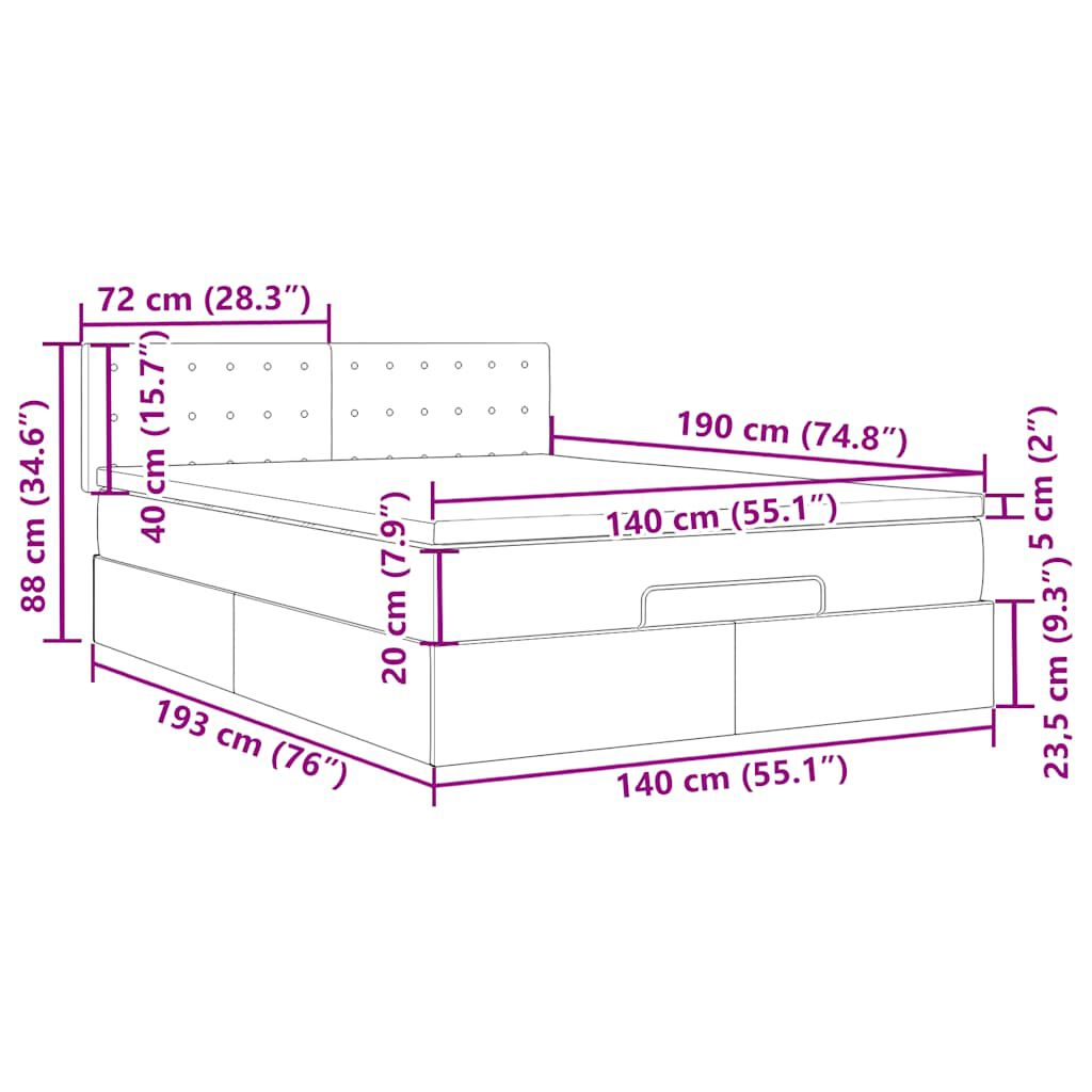 vidaXL Οθωμανικό κρεβάτι με στρώμα&LEDs Ανοιχτό γκρι 140x190cm Βελούδο