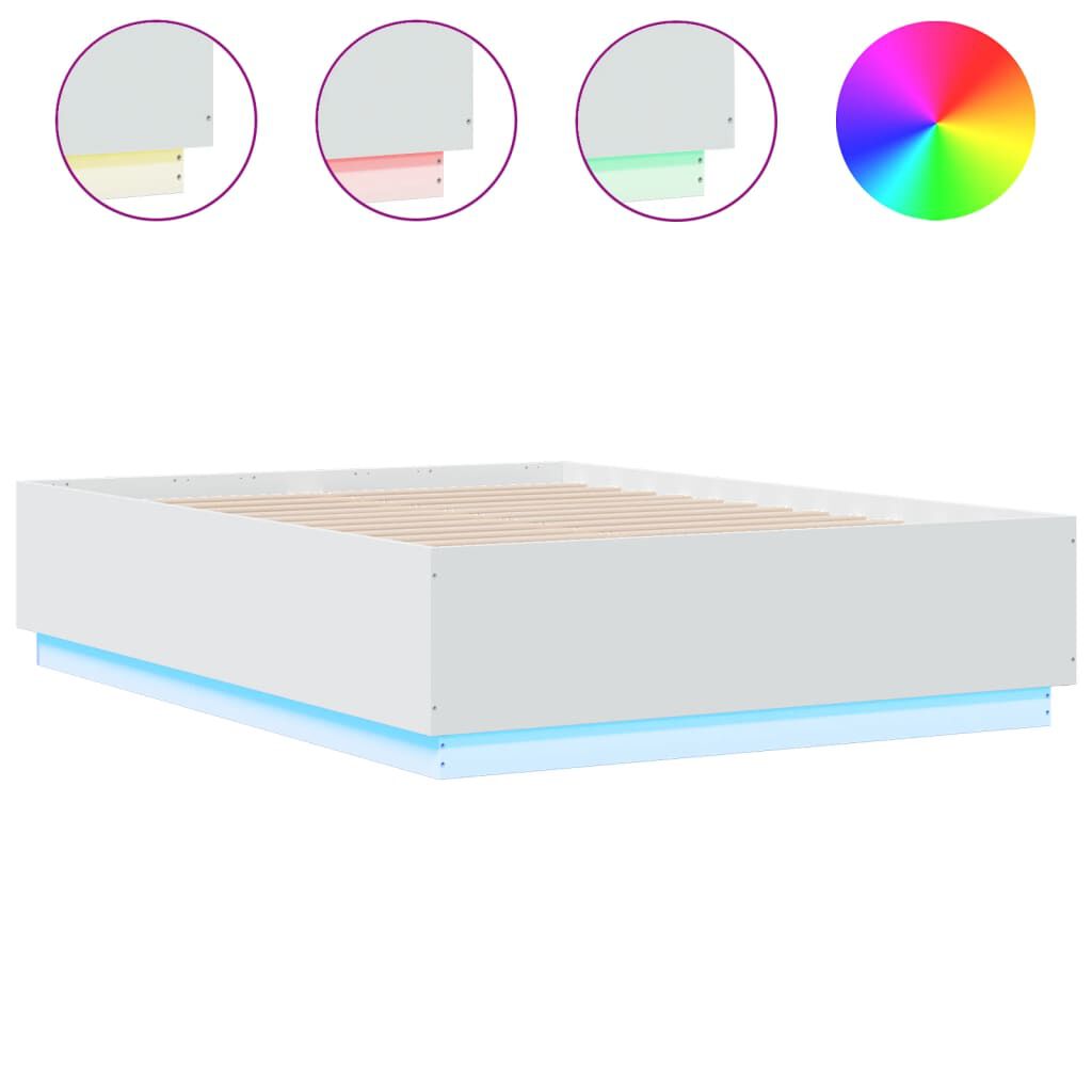 vidaXL Πλαίσιο Κρεβατιού με LED Λευκό 135x190 εκ Επεξεργ. Ξύλο
