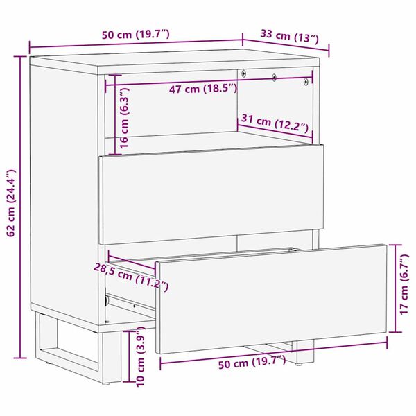 vidaXL Κομοδίνο Λευκό και μαύρο 50 x 33 x 60 εκ Μασίφ ξύλο μάνγκο