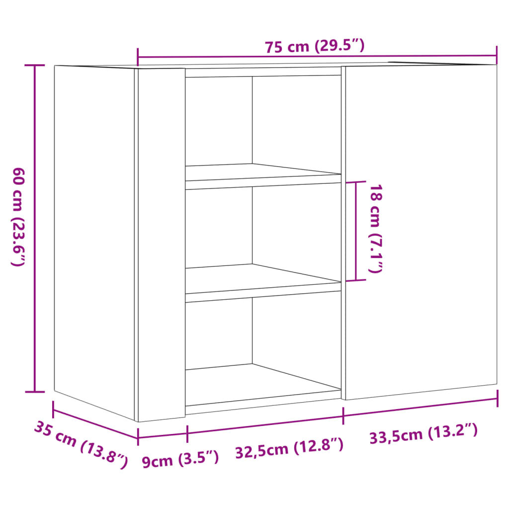 vidaXL Ντουλάπι Τοίχου Γκρι Sonoma 75x35x60 εκ. από Επεξεργασμένο Ξύλο