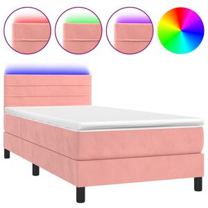 vidaXL Κρεβάτι Boxspring με Στρώμα & LED Ροζ 100x200 εκ. Βελούδινο