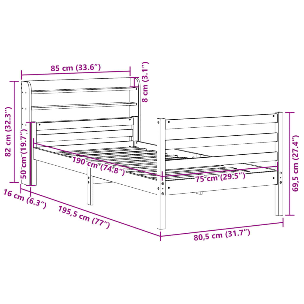 vidaXL Πλαίσιο Κρεβατιού Κεφαλάρι 75x190εκ. Μασίφ Πεύκο