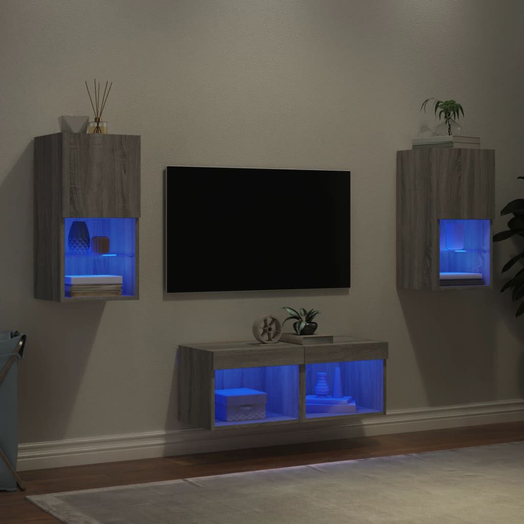 vidaXL Ντουλάπια Τηλεόρασης Τοίχου 4 Τεμ. με Φώτα LED Γκρι Sonoma
