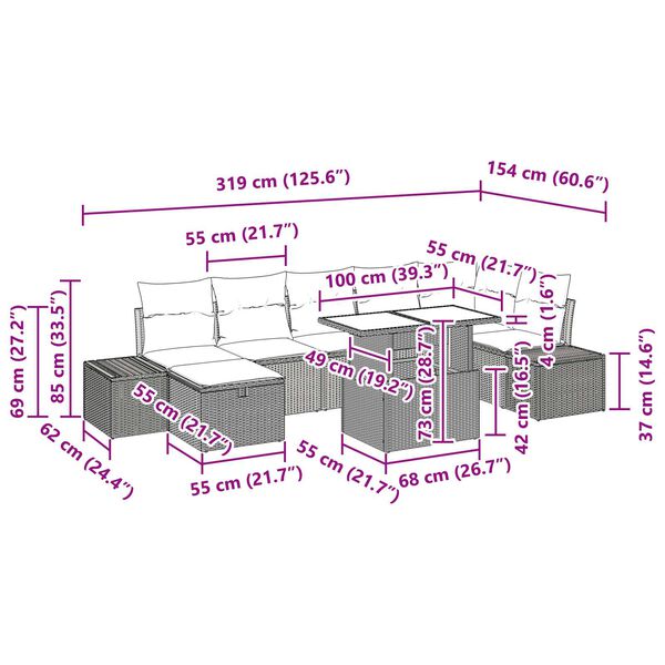 vidaXL Σετ Καναπέ Κήπου με μαξιλάρι 8 pcs Μαύρο Πολυ ράταν
