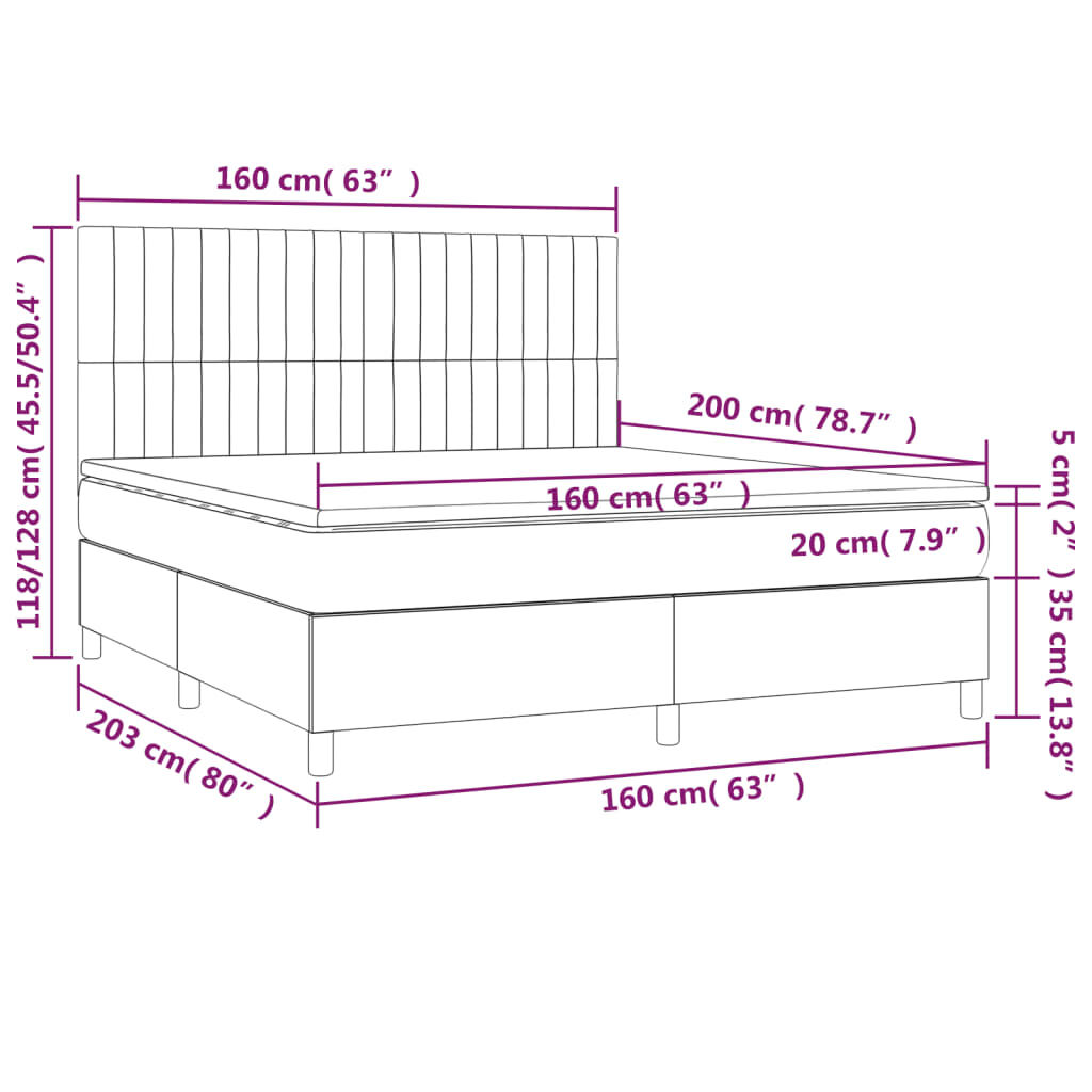 vidaXL Κρεβάτι Boxspring με Στρώμα & LED Κρεμ 160x200 εκ. Υφασμάτινο
