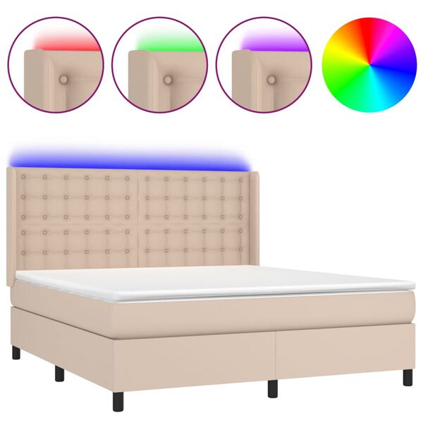 vidaXL Κρεβάτι Boxspring Στρώμα&LED Καπουτσίνο 180x200 εκ. Συνθ. Δέρμα