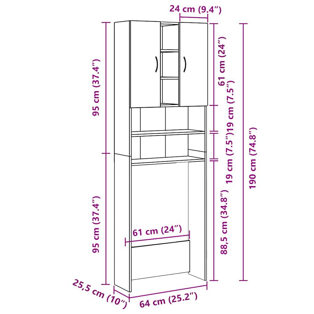 vidaXL Ντουλάπι Πλυντηρίου τεχνίτης Δρυς 64 x 25,5 x 190 εκ.