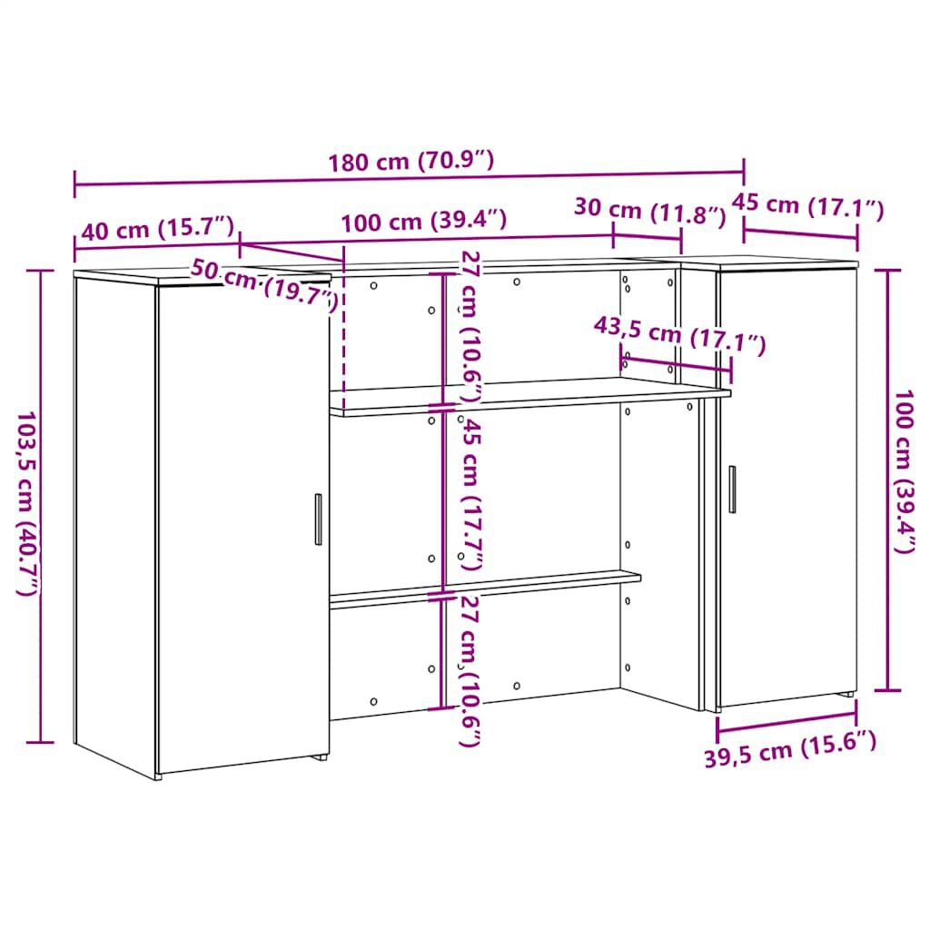 vidaXL Γραφείο υποδοχής Μαύρο Δρυς 180x50x103,5 εκ. Επεξεργασμένο Ξύλο