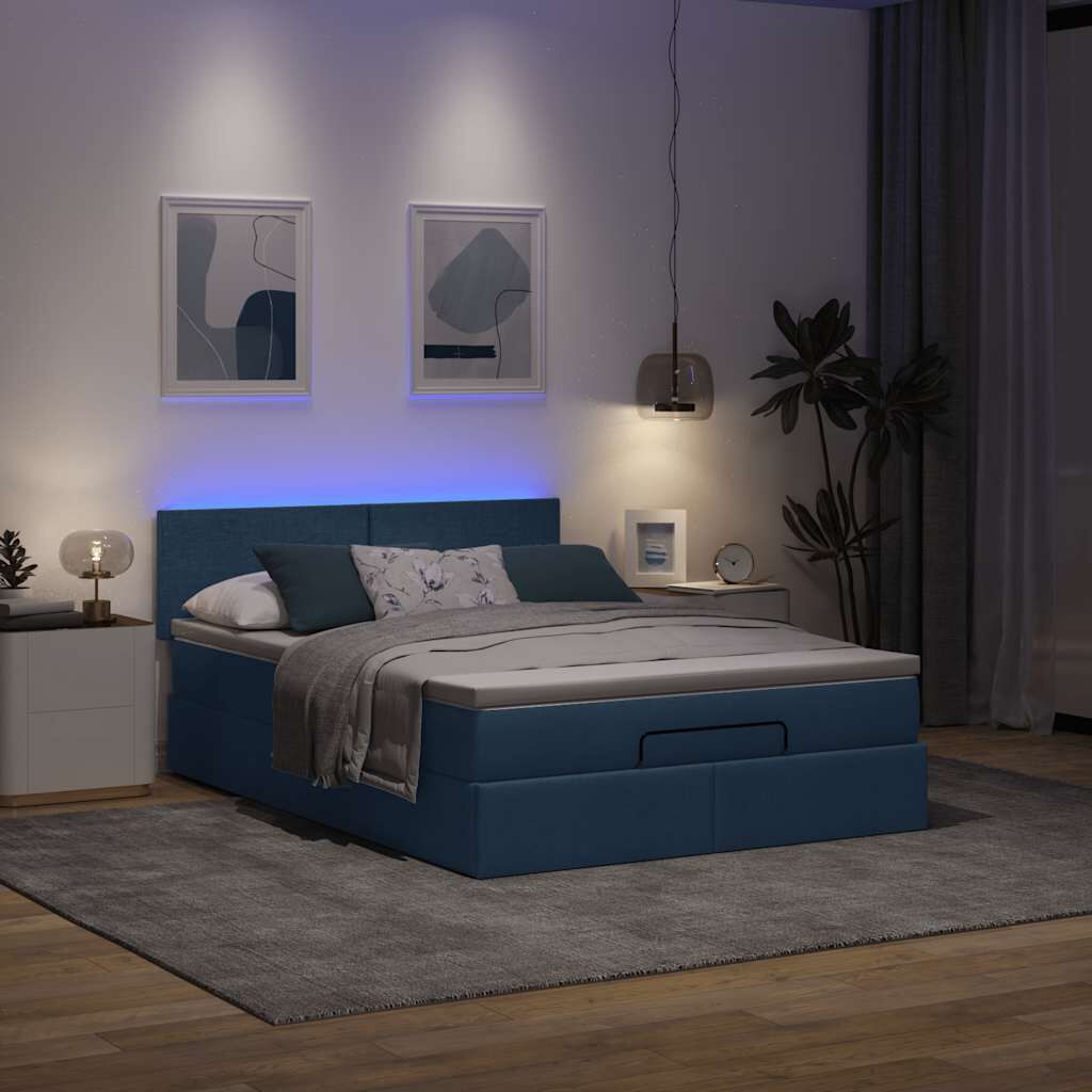 vidaXL Οθωμανικό κρεβάτι με στρώμα & LEDs Μπλε 140x190cm Ύφασμα