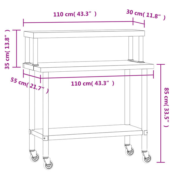 vidaXL Πάγκος Εργασίας Κουζίνας με Ράφι 110x55x120 εκ. Ανοξείδ. Ατσάλι