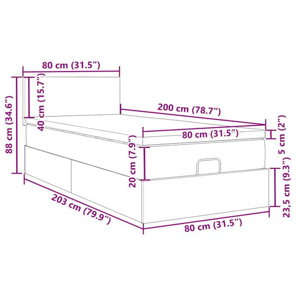 vidaXL Οθωμανικό κρεβάτι με στρώμα & LEDs Σκούρο γκρι 80x200cm ύφασμα