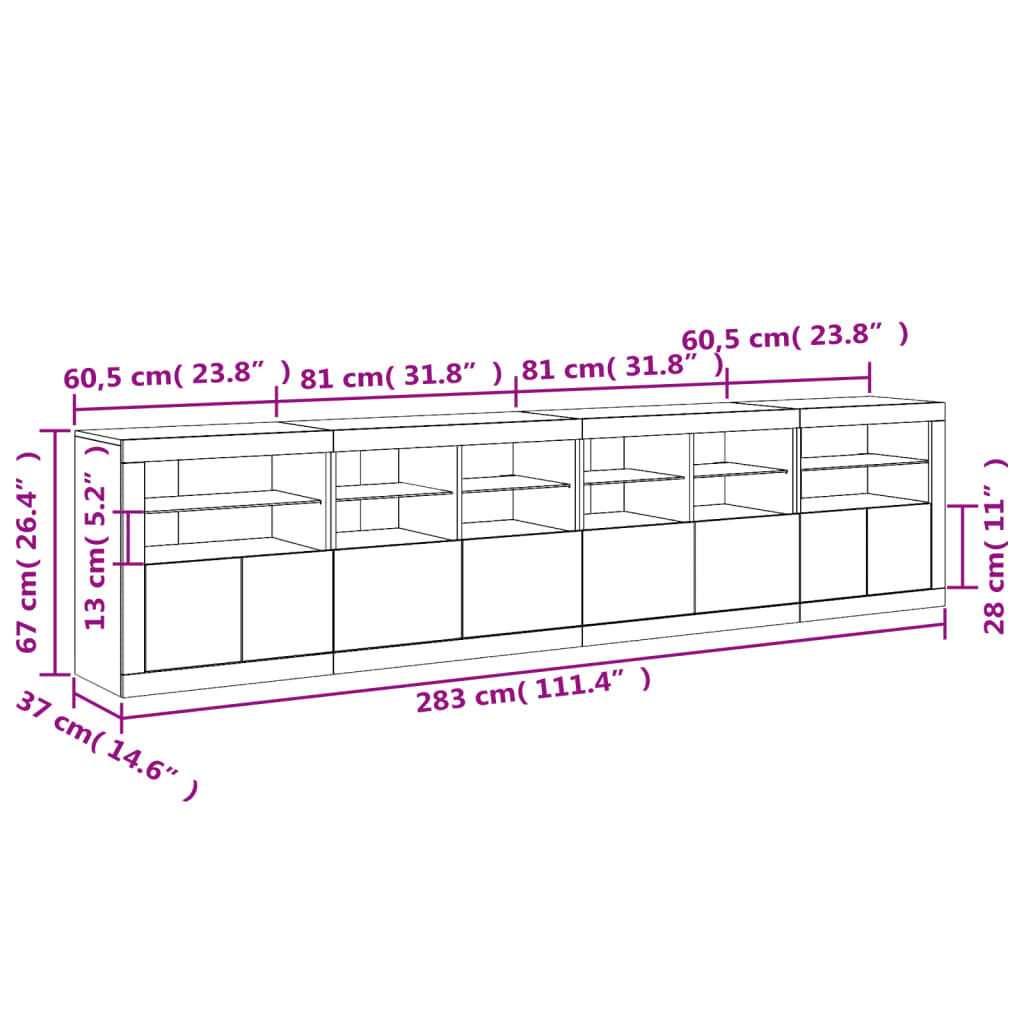 vidaXL Μπουφές με LED Μαύρος 283 x 37 x 67 εκ.