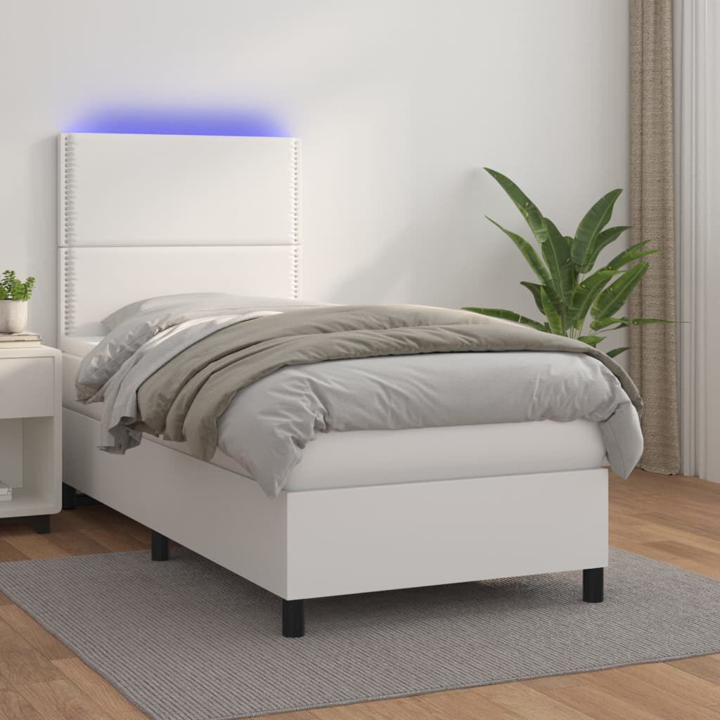 vidaXL Κρεβάτι Boxspring με Στρώμα & LED Λευκό 90x200 εκ. Συνθ. Δέρμα