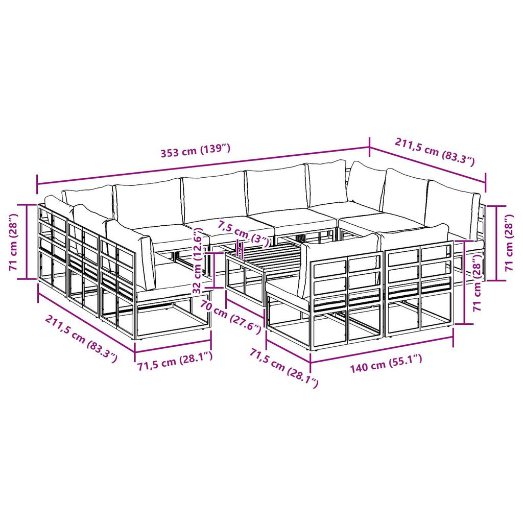 vidaXL Σετ Καναπέ Κήπου 12 pcs Μαύρο 70 x 70 x 32 εκ Αλουμίνιο