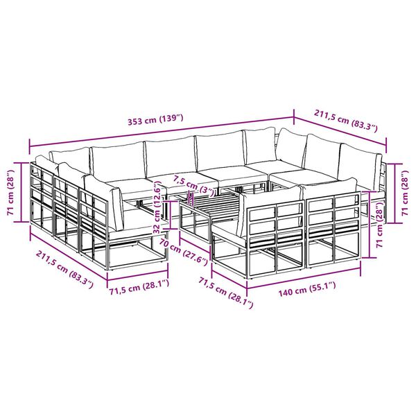 vidaXL Σετ Καναπέ Κήπου 12 pcs Μαύρο 70 x 70 x 32 εκ Αλουμίνιο