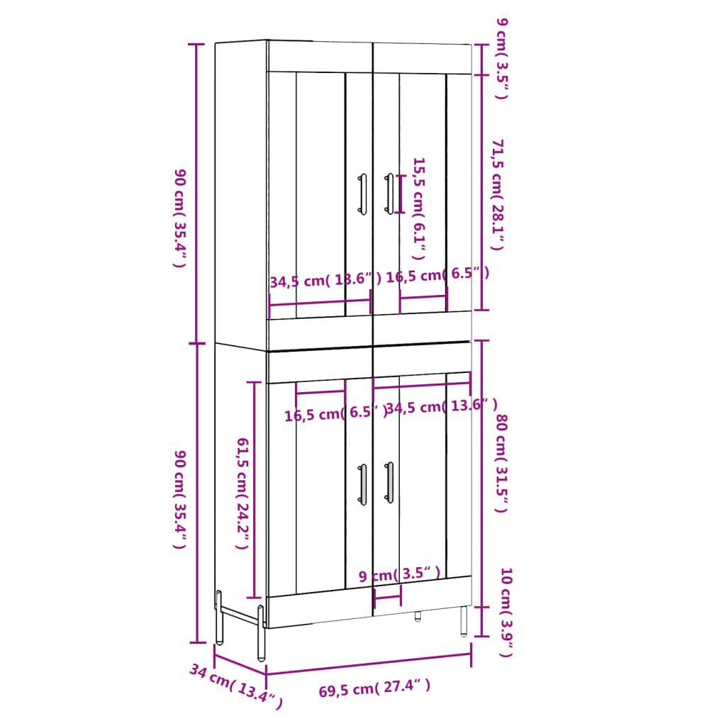 vidaXL Ντουλάπι Γκρι Σκυροδέματος 69,5x34x180 εκ. Επεξεργασμένο Ξύλο