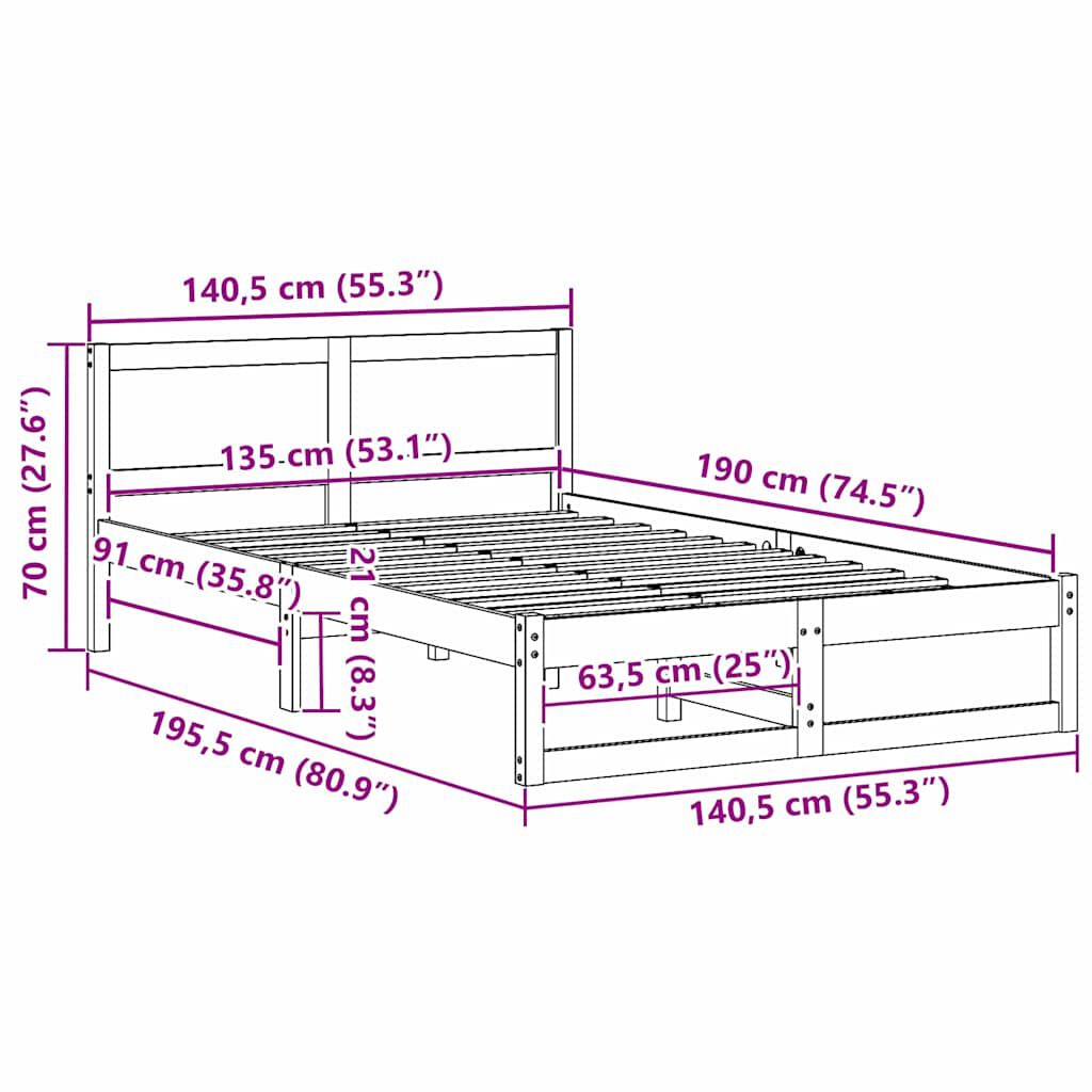vidaXL Σκελετός Κρεβατιού Καφέ 135 x 190 cm Μασίφ ξύλο πεύκου