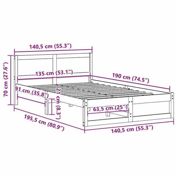 vidaXL Σκελετός Κρεβατιού Καφέ 135 x 190 cm Μασίφ ξύλο πεύκου