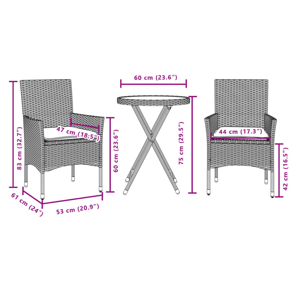 vidaXL Σετ Επίπλων Bistro 3 τεμ. Μαύρο Συνθ. Ρατάν/Γυαλί με Μαξιλάρια