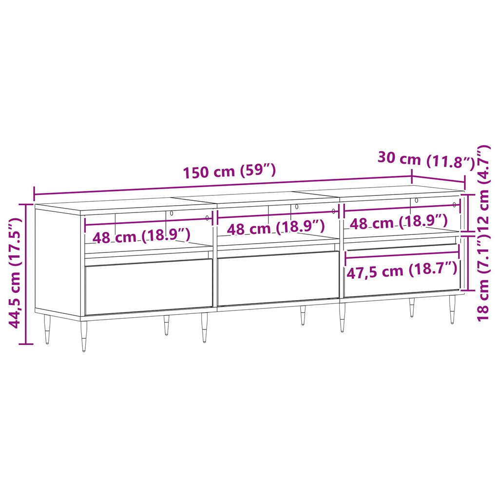 vidaXL Ντουλάπα τηλεόρασης Μαύρο Δρυς 150x30x44,5 εκ Κατασκευασμένο ξύλο