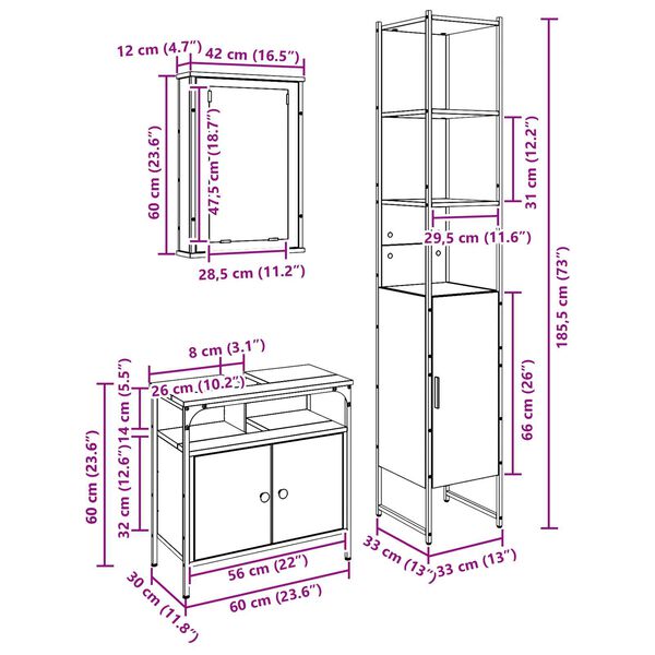 vidaXL Σετ Επίπλων Μπάνιου 3 pcs Παλαιό ξύλο 33 x 33 x 185.5 εκ