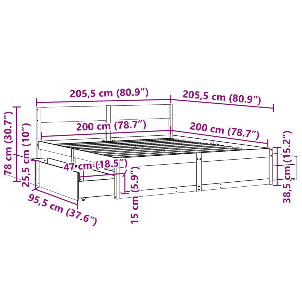vidaXL Σκελετός Κρεβατιού Χωρίς Στρώμα 200x200 εκ Μασίφ Ξύλο Πεύκου