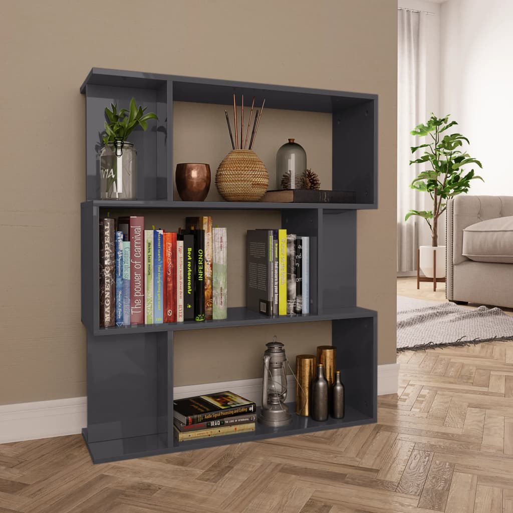 vidaXL Βιβλιοθήκη/Διαχωριστικό Γυαλιστ. Γκρι 80x24x96 εκ. Μοριοσανίδα