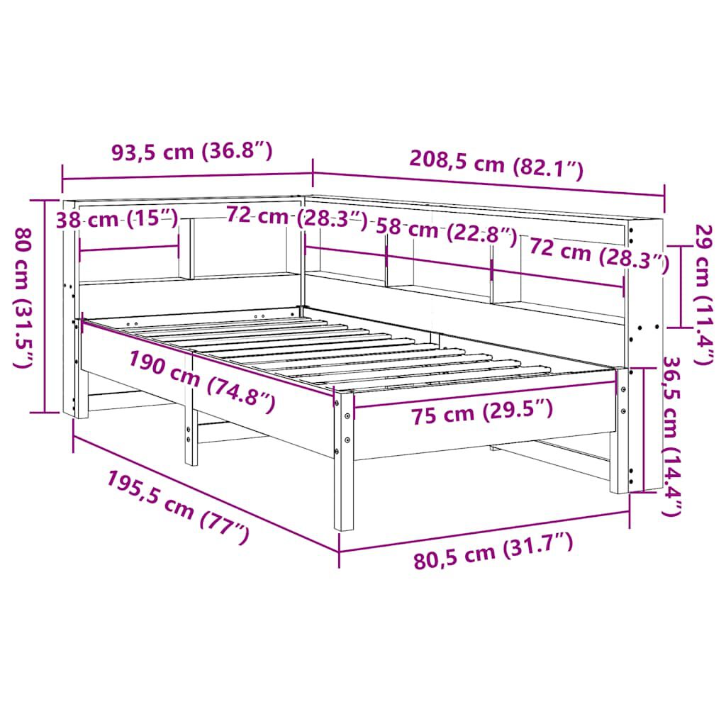 vidaXL Κρεβάτι Βιβλιοθήκη Χωρίς Στρώμα Λευκό 75x190 εκ Μασίφ Πεύκο