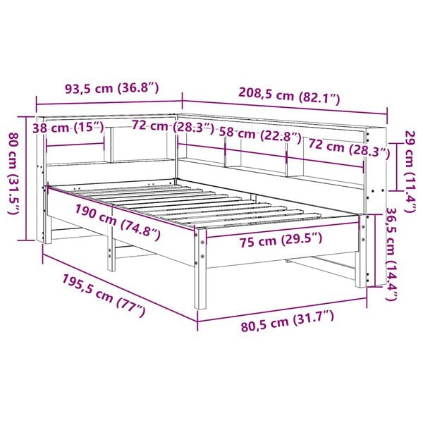 vidaXL Κρεβάτι Βιβλιοθήκη Χωρίς Στρώμα Λευκό 75x190 εκ Μασίφ Πεύκο