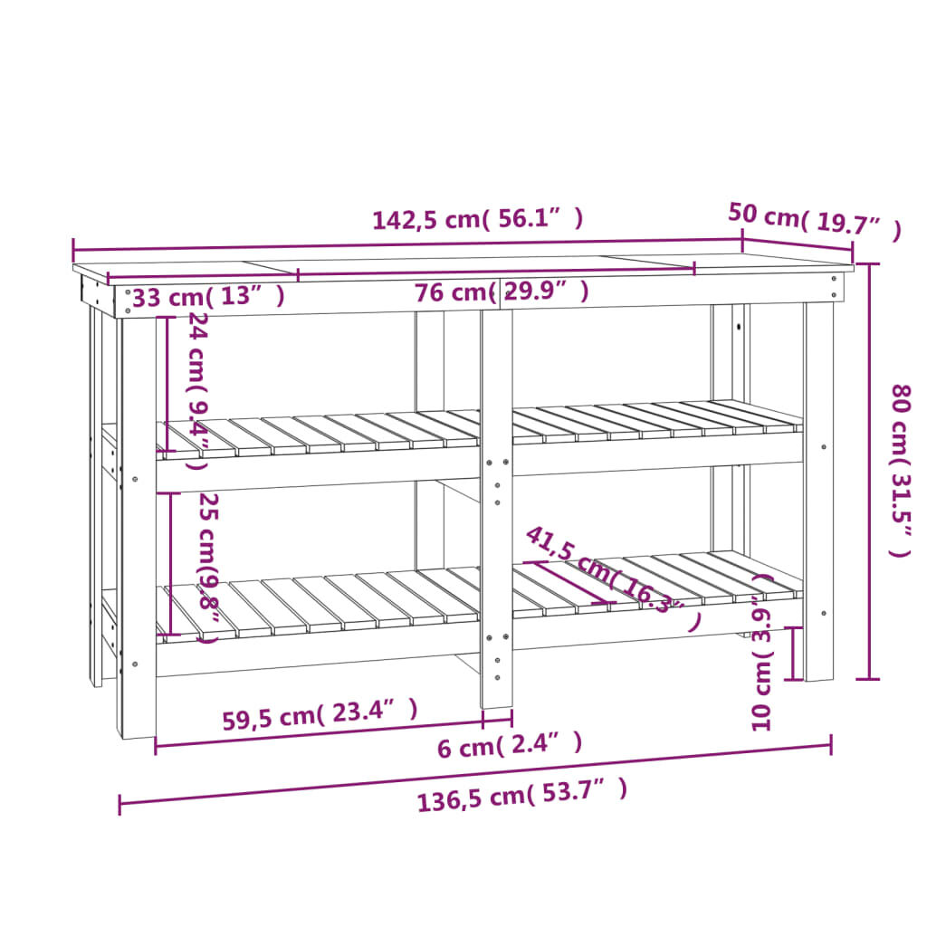 vidaXL Πάγκος Εργασίας Μαύρος 142,5x50x80 εκ. από Μασίφ Ξύλο Πεύκου