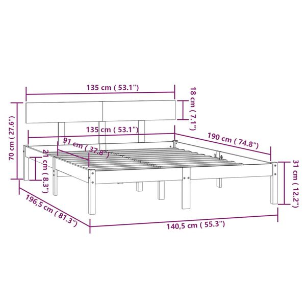 vidaXL Πλαίσιο Κρεβατιού Μαύρο 135 x 190 εκ. Μασίφ Ξύλο Πεύκου Double
