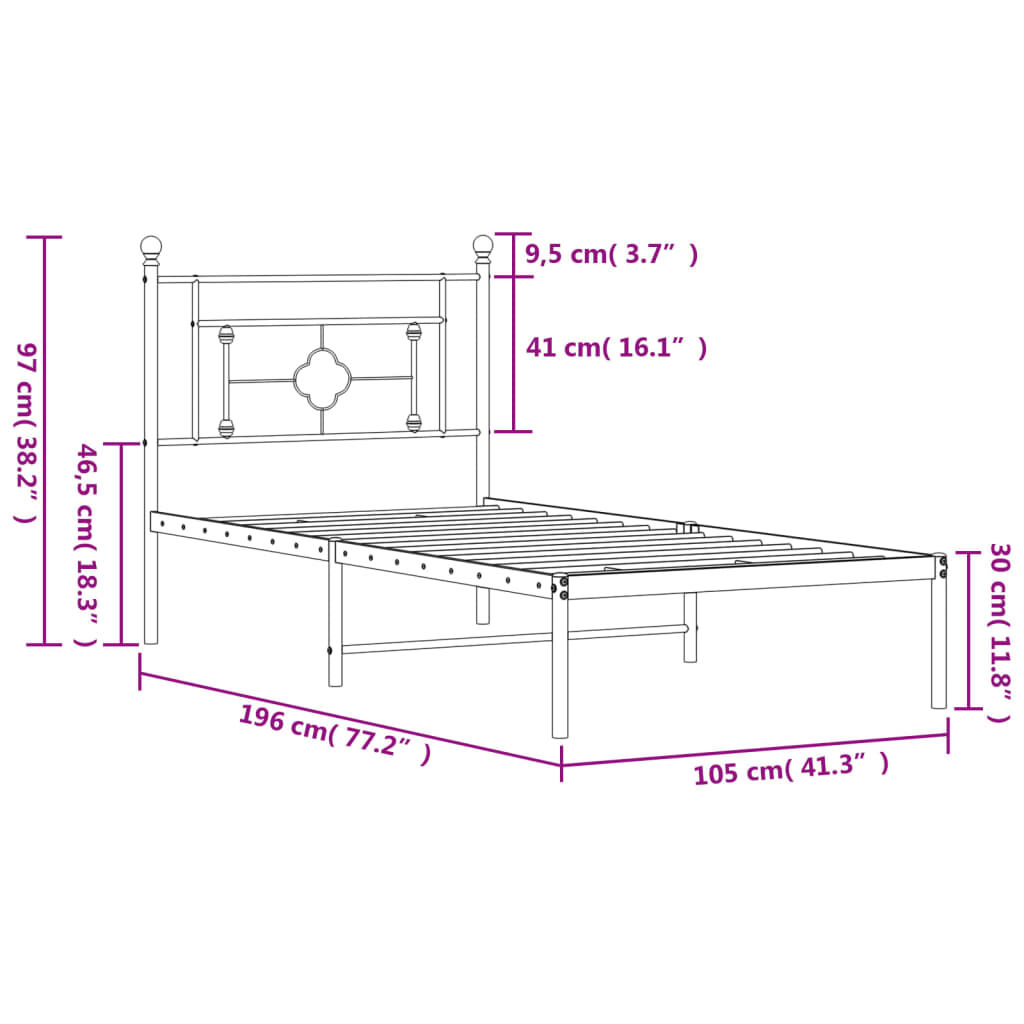 vidaXL Πλαίσιο Κρεβατιού με Κεφαλάρι Μαύρο 100 x 190 εκ. Μεταλλικό