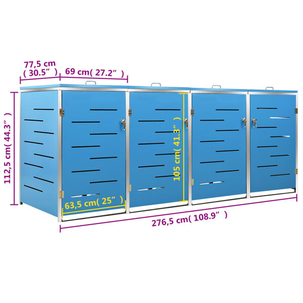 vidaXL Πλαίσιο Κάδων Απορρ. Τετραπλό Ρόδες 276,5x77,5x112,5εκ Αν. Ατσ.