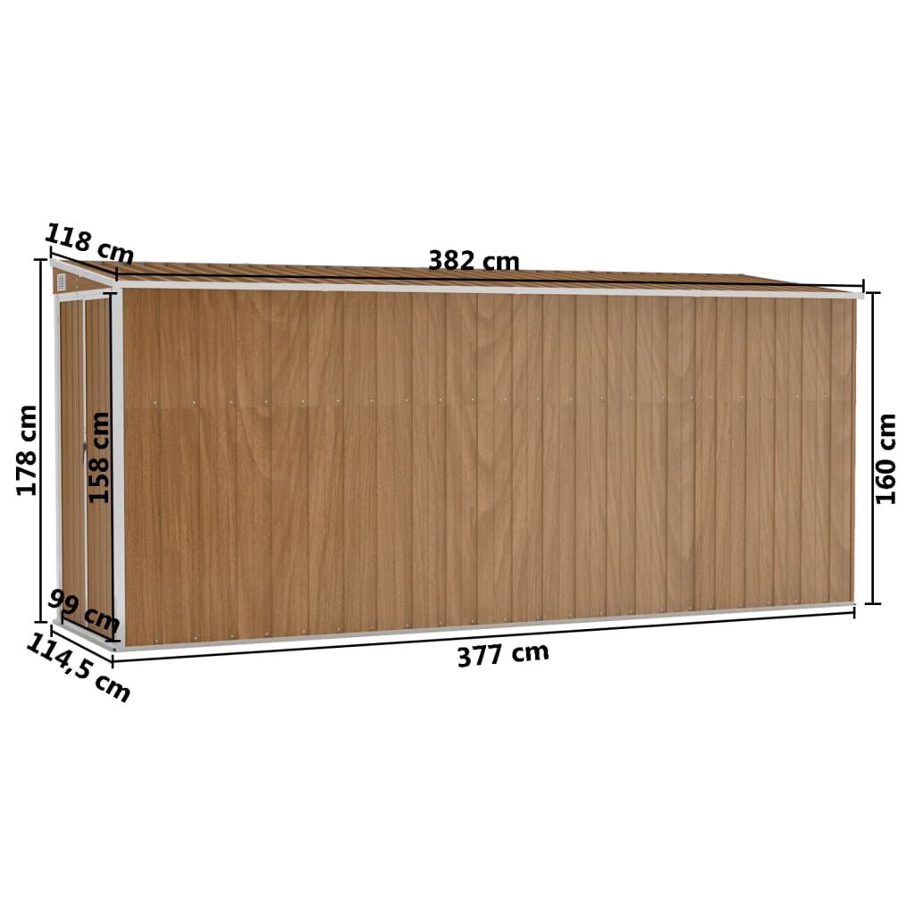 vidaXL Αποθήκη Κήπου Επιτοίχια Καφέ 118x382x178 εκ. από Γαλβ. Ατσάλι