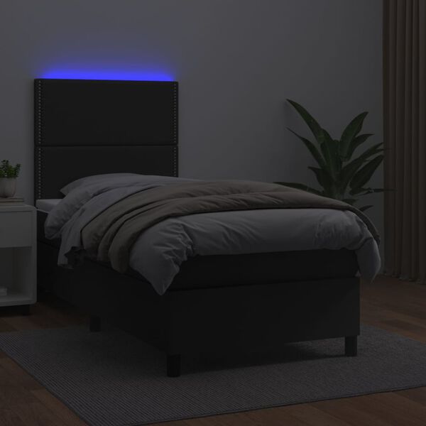 vidaXL Κρεβάτι Boxspring με Στρώμα & LED Μαύρο 100x200 εκ. Συνθ. Δέρμα