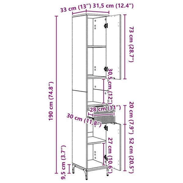 vidaXL Ψηλό ντουλάπι μπάνιου με συρτάρι Μαύρο 31.5 x 33 x 190 εκ.