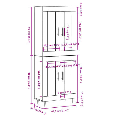 vidaXL Ντουλάπι Γυαλιστερό Λευκό 69,5x34x180 εκ. Επεξεργασμένο Ξύλο
