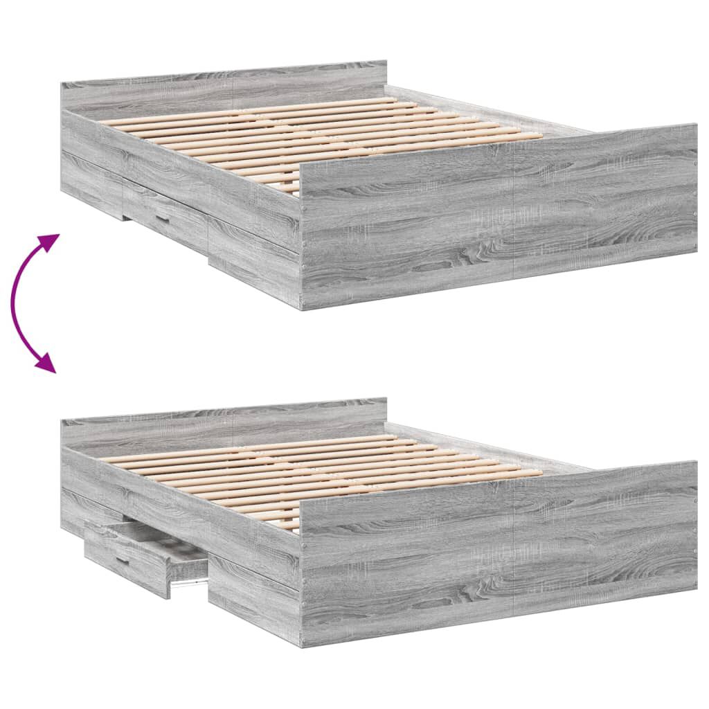 vidaXL Πλαίσιο Κρεβατιού με συρτάρια Γκρι sonoma 135x190εκ. Επεξ. Ξύλο