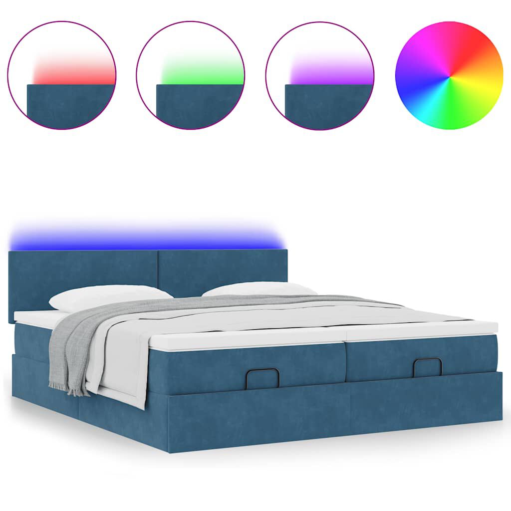 vidaXL Οθωμανικό κρεβάτι με στρώματα & LEDs Σκούρο μπλε Βελούδο