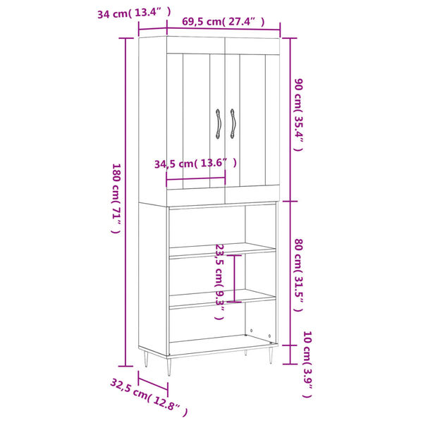 vidaXL Ντουλάπι Γκρι Sonoma 69,5 x 34 x 180 εκ. Επεξεργασμένο Ξύλο