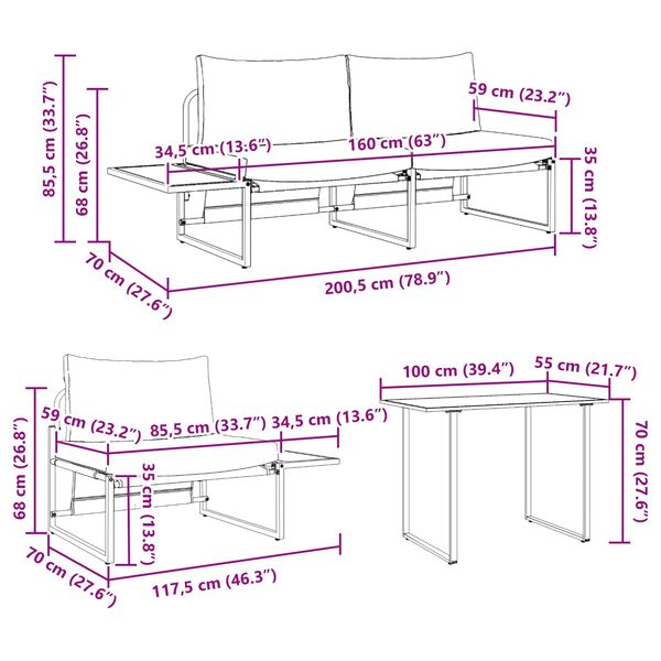 vidaXL Σέτ φαγητού για κήπο 3 pcs Taupe Ατσάλι