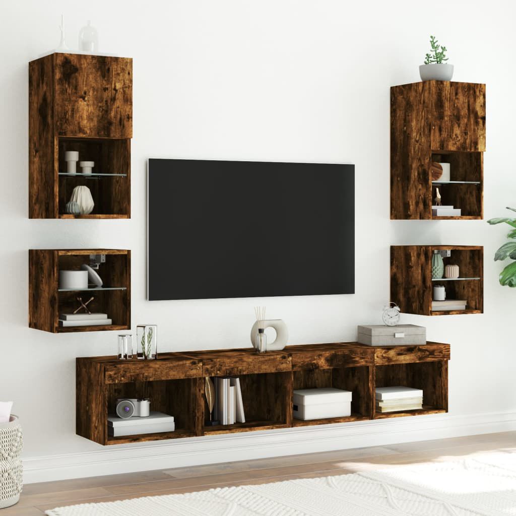 vidaXL Κομοδίνα Επιτοίχια με Φώτα LED 2 Τεμ. Καπνιστή Δρυς